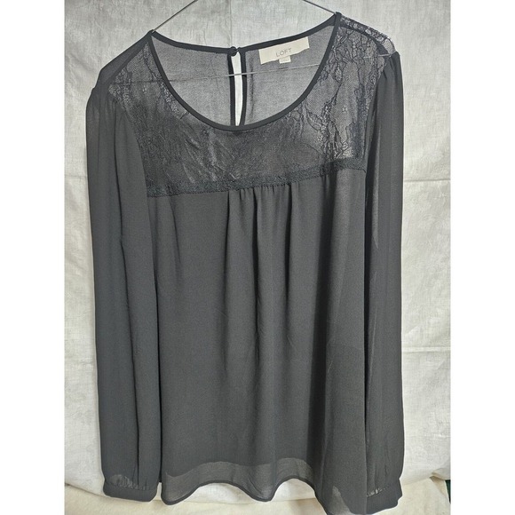LOFT Tops - Ann Taylor Loft Womens XL Black Lace Yoke Chiffon Long Sleeve Blouse Top 313965